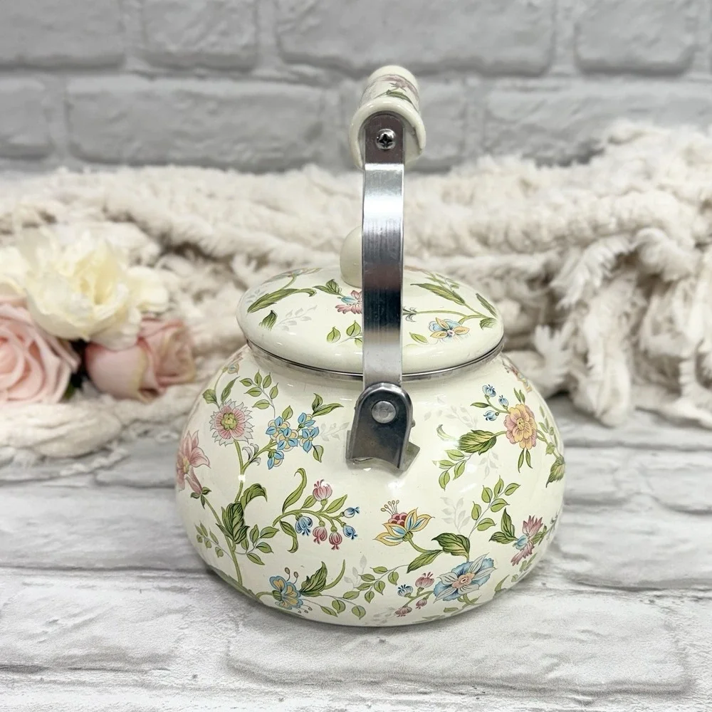 Floral Enamel Tea Pot Kettle Stove Top Porcelain  Cottage Core Farmhouse Nice! - Picture 5 of 15